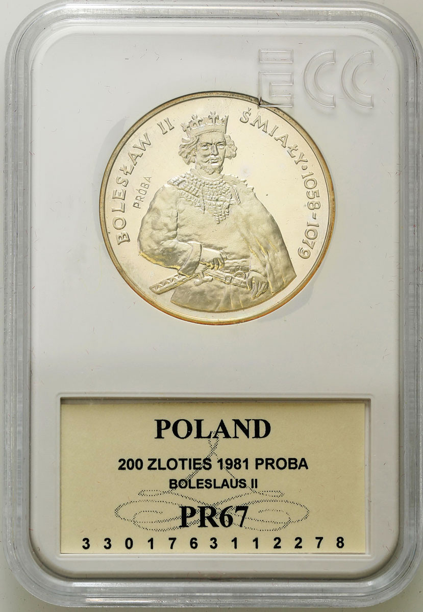 PRL. PRÓBA Srebro 200 złotych 1981 Bolesław II Śmiały - półpostać GCN PR67